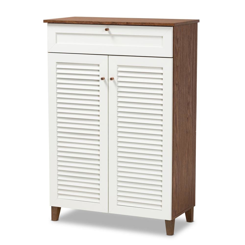 White and Walnut Finished 5-Shelf Wood Shoe Storage Cabinet with Drawer. Picture 11