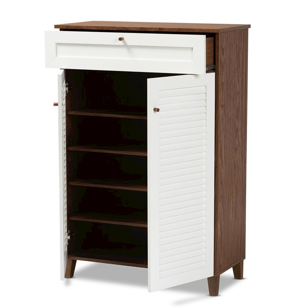 White and Walnut Finished 5-Shelf Wood Shoe Storage Cabinet with Drawer. Picture 12