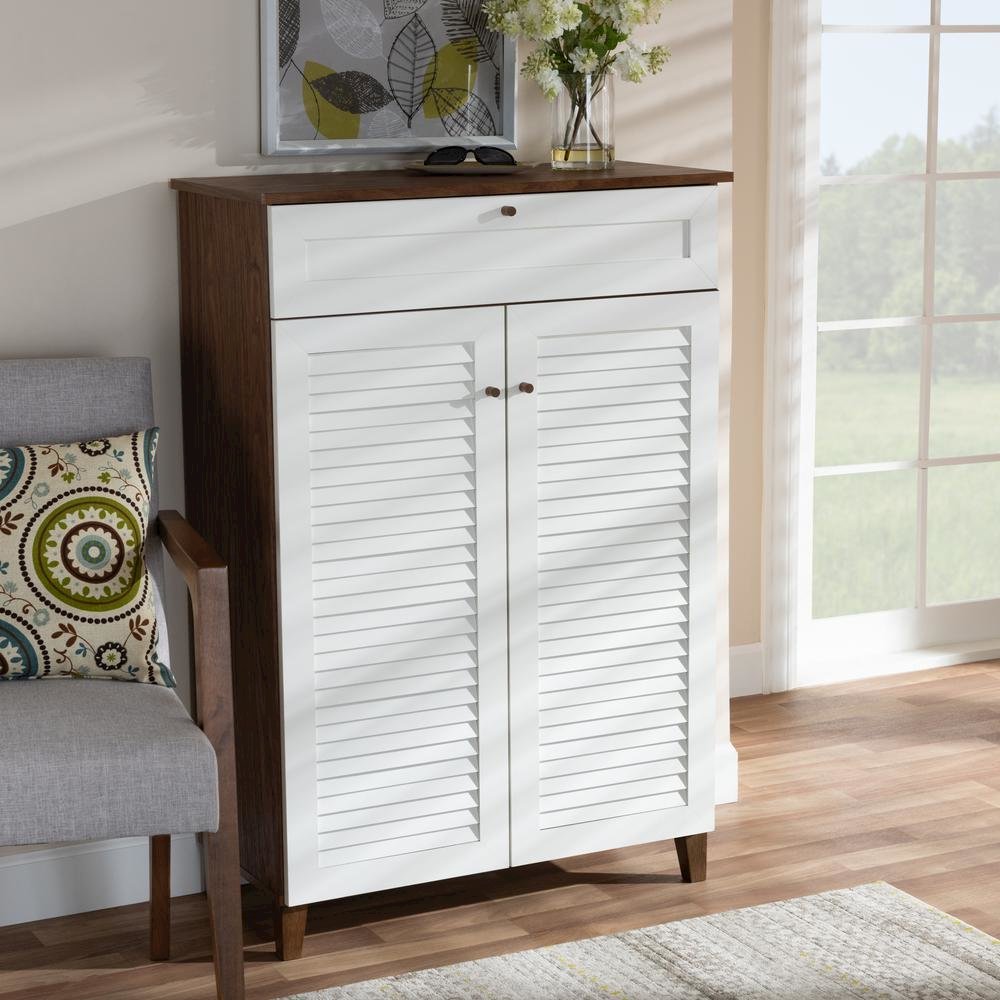 White and Walnut Finished 5-Shelf Wood Shoe Storage Cabinet with Drawer. Picture 17