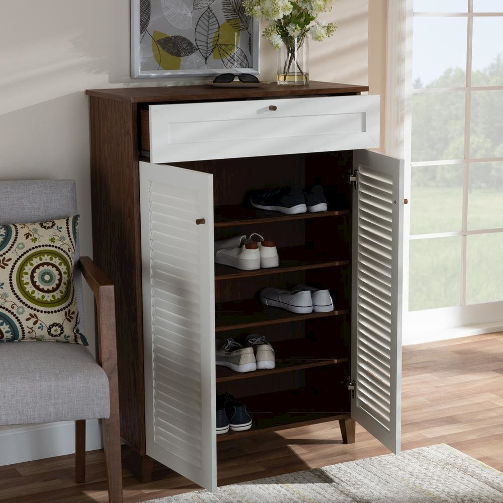White and Walnut Finished 5-Shelf Wood Shoe Storage Cabinet with Drawer. Picture 18