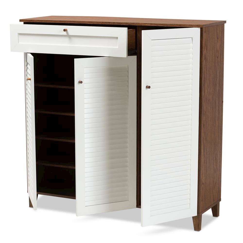 Walnut Finished 11-Shelf Wood Shoe Storage Cabinet with Drawer. Picture 12