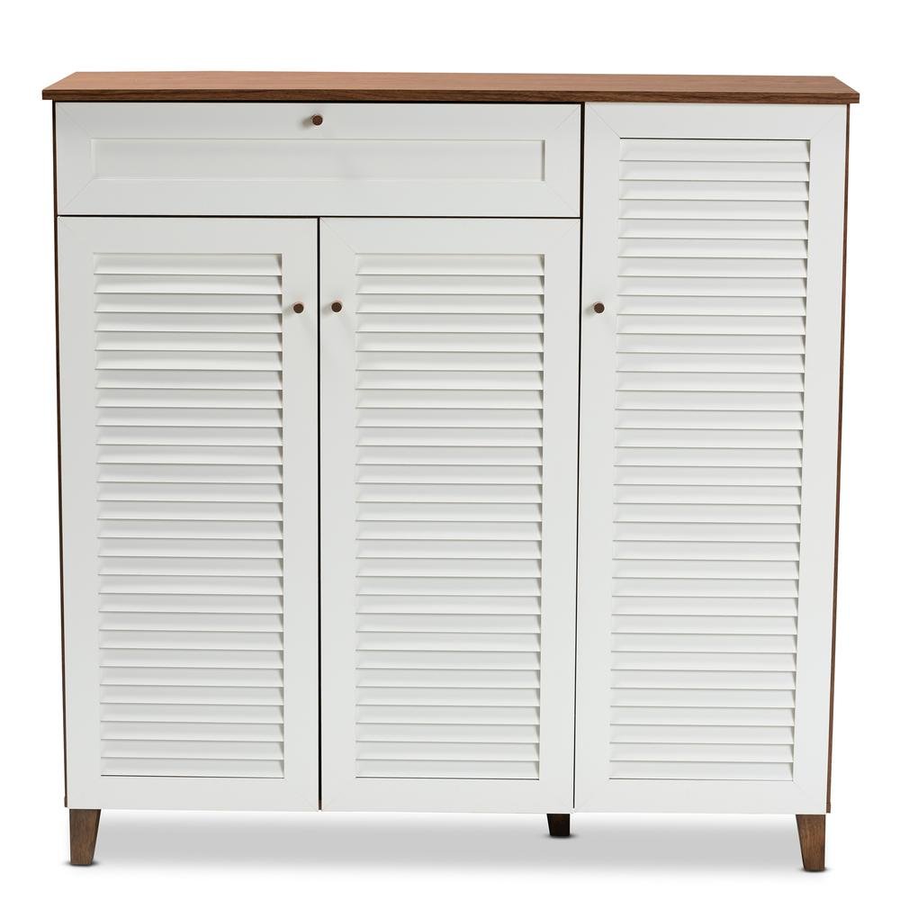 Walnut Finished 11-Shelf Wood Shoe Storage Cabinet with Drawer. Picture 13