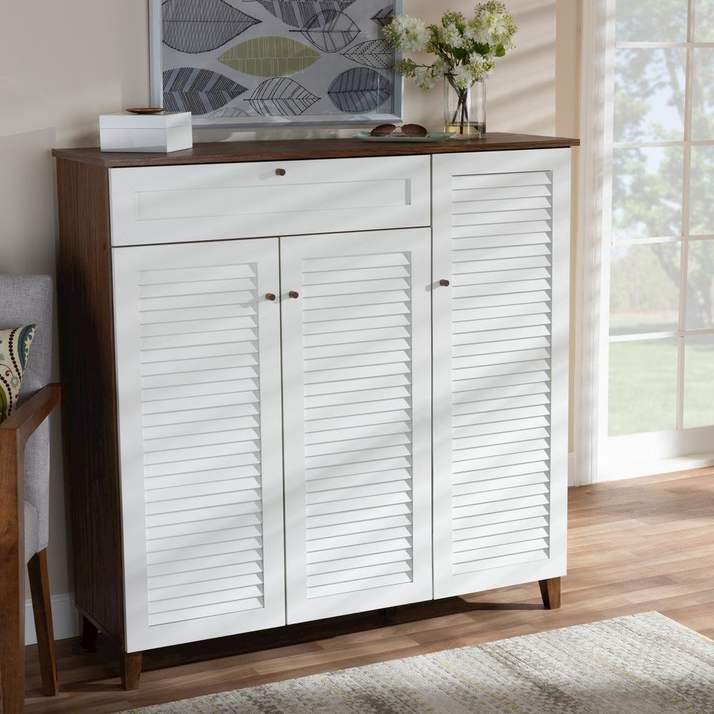 Walnut Finished 11-Shelf Wood Shoe Storage Cabinet with Drawer. Picture 17