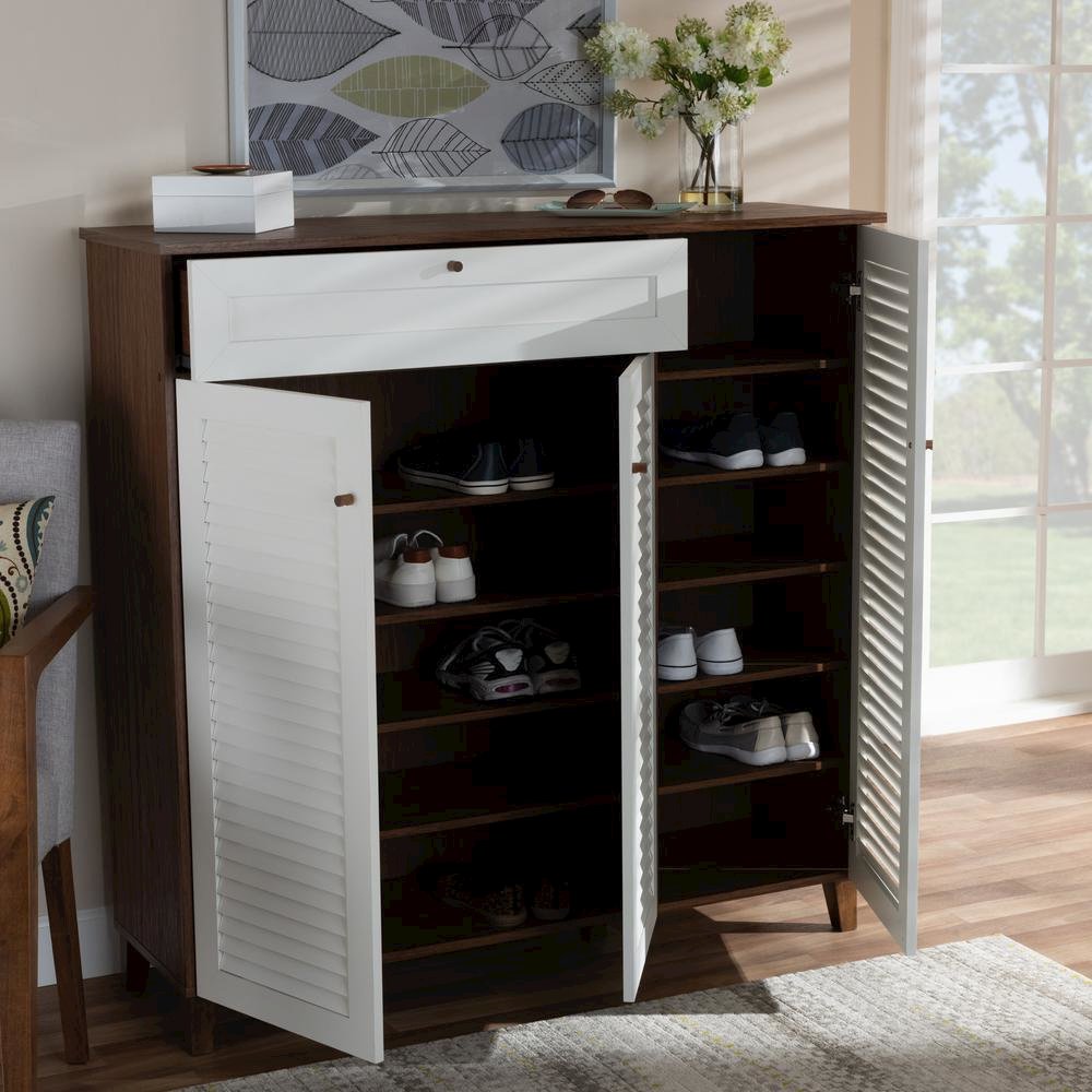 Walnut Finished 11-Shelf Wood Shoe Storage Cabinet with Drawer. Picture 18