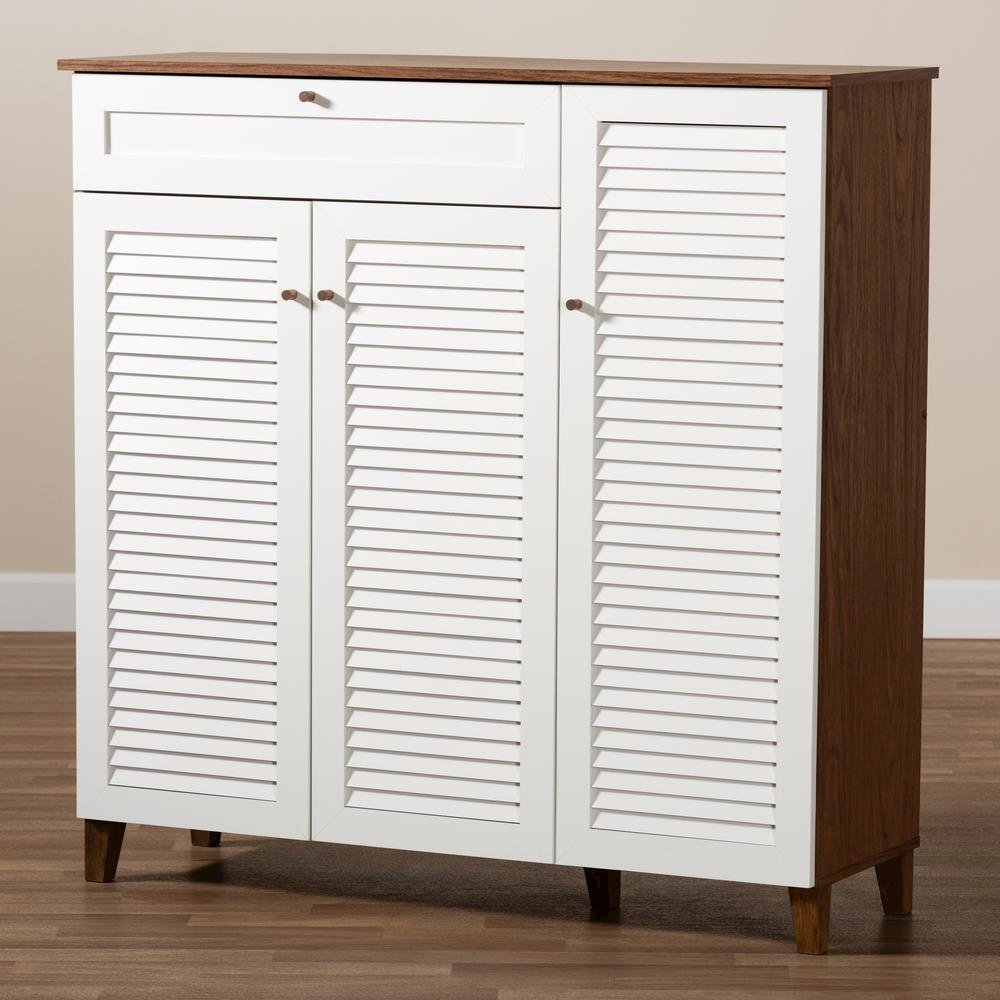 Walnut Finished 11-Shelf Wood Shoe Storage Cabinet with Drawer. Picture 19