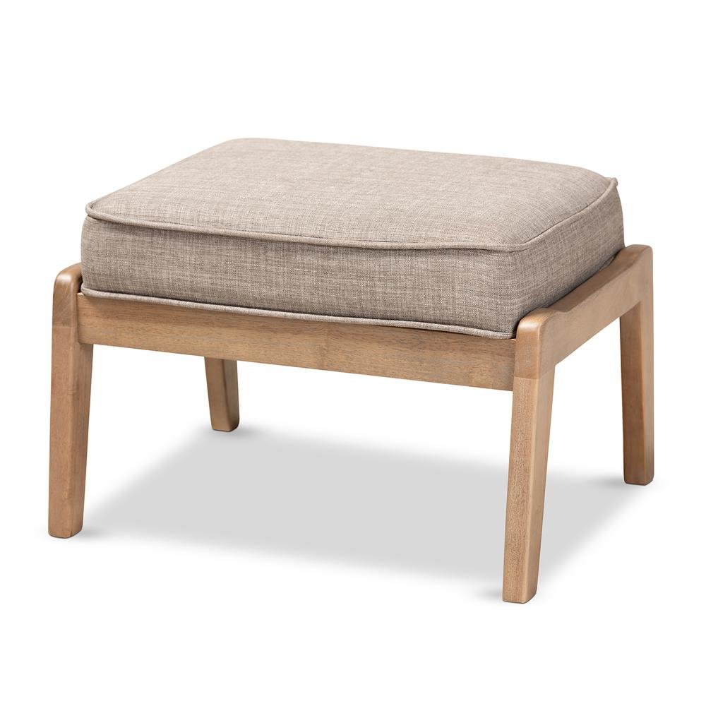 Light Grey Fabric Upholstered Antique Oak Finished Wood Ottoman. Picture 8