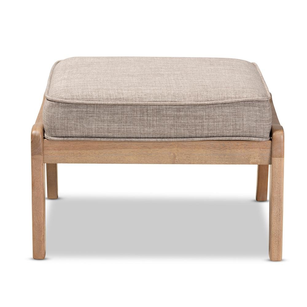 Light Grey Fabric Upholstered Antique Oak Finished Wood Ottoman. Picture 9