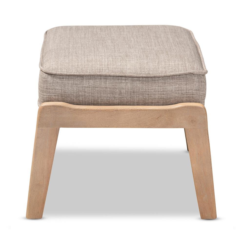 Light Grey Fabric Upholstered Antique Oak Finished Wood Ottoman. Picture 10