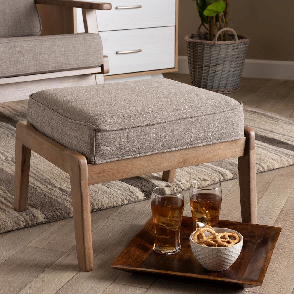 Light Grey Fabric Upholstered Antique Oak Finished Wood Ottoman. Picture 12