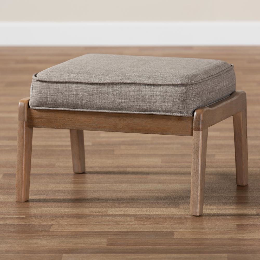 Light Grey Fabric Upholstered Antique Oak Finished Wood Ottoman. Picture 13