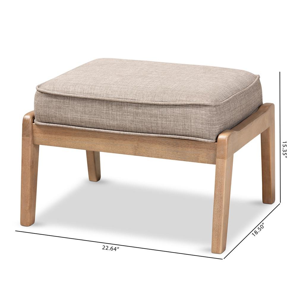 Light Grey Fabric Upholstered Antique Oak Finished Wood Ottoman. Picture 14