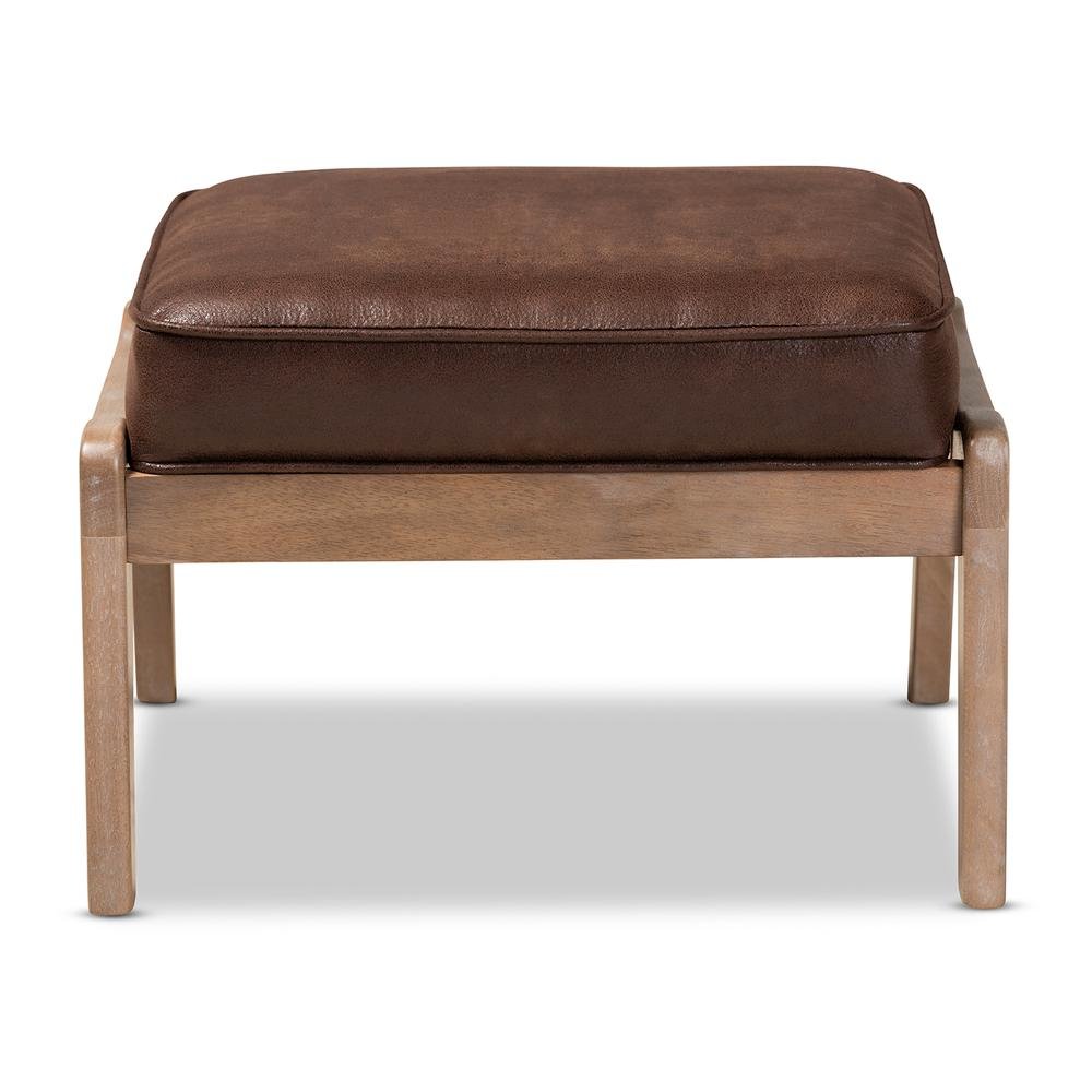 Leather Effect Fabric Upholstered Antique Oak Finished Wood Ottoman. Picture 9