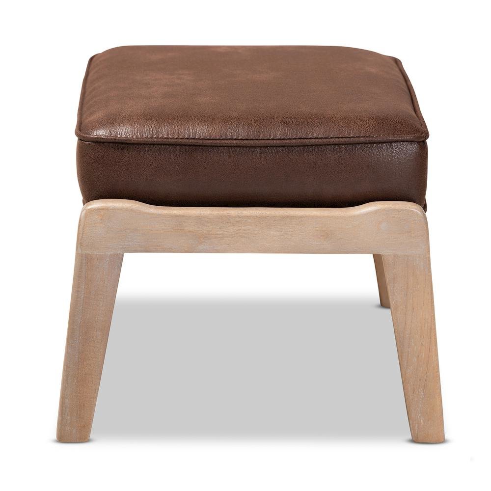 Leather Effect Fabric Upholstered Antique Oak Finished Wood Ottoman. Picture 10