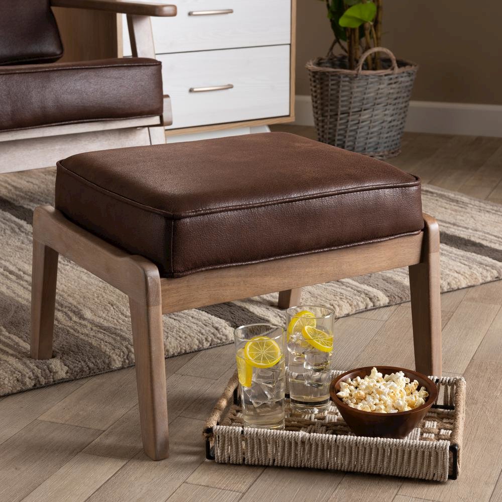 Leather Effect Fabric Upholstered Antique Oak Finished Wood Ottoman. Picture 12