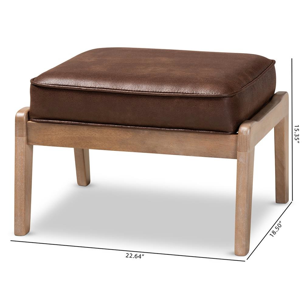 Leather Effect Fabric Upholstered Antique Oak Finished Wood Ottoman. Picture 14