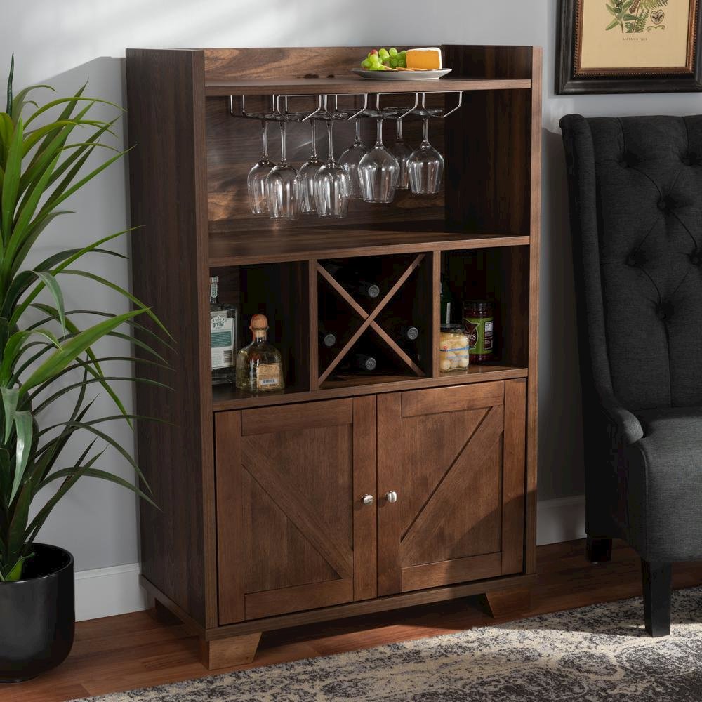 Carrie Transitional Farmhouse Walnut Brown Finished Wood Wine Storage Cabinet. Picture 20