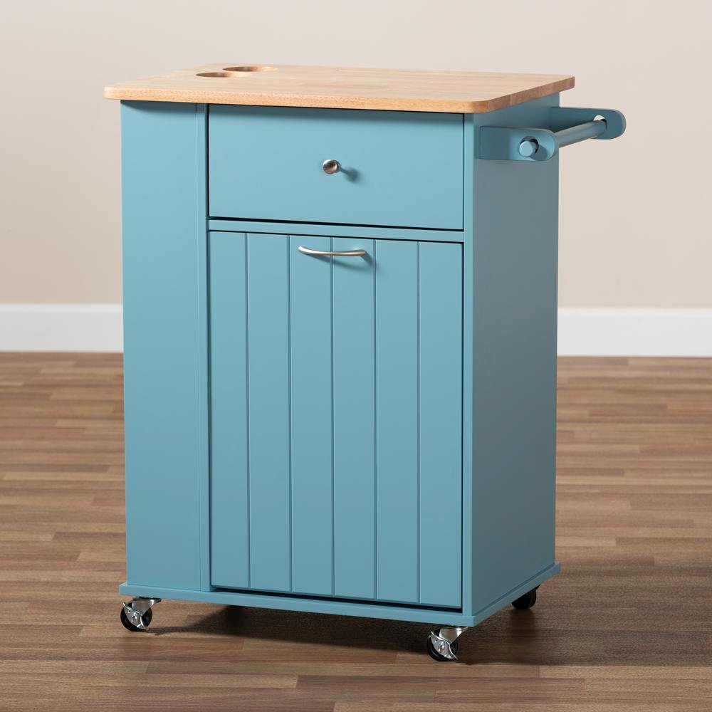 Liona Modern and Contemporary Sky Blue Finished Wood Kitchen Storage Cart. Picture 27