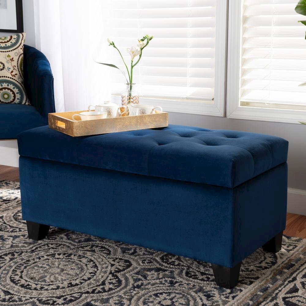Navy Blue Velvet Fabric Upholstered Storage Ottoman. Picture 17