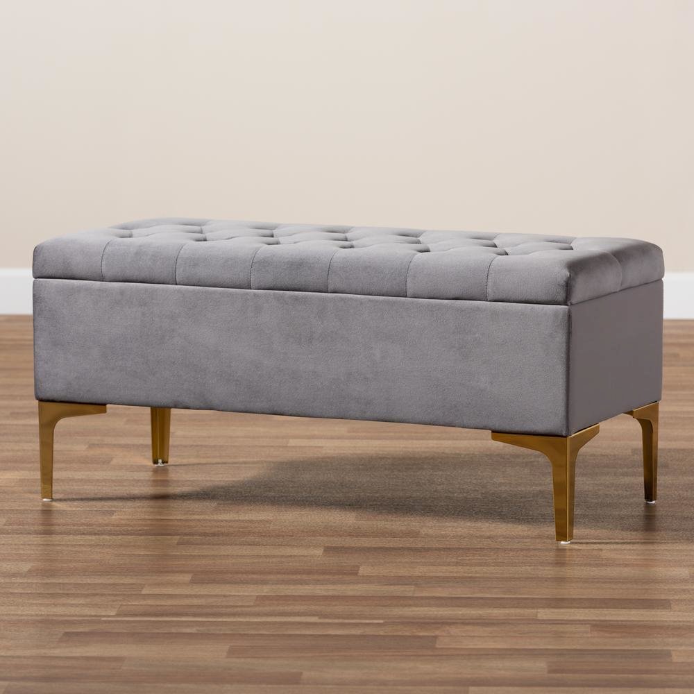 Luxe Grey Velvet Fabric Upholstered Gold Finished Button Tufted Storage Ottoman. Picture 21