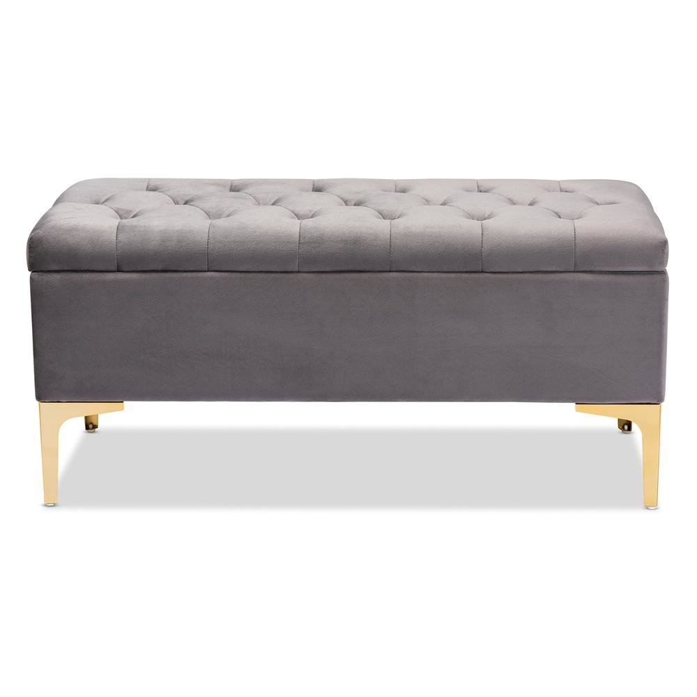 Luxe Grey Velvet Fabric Upholstered Gold Finished Button Tufted Storage Ottoman. Picture 14