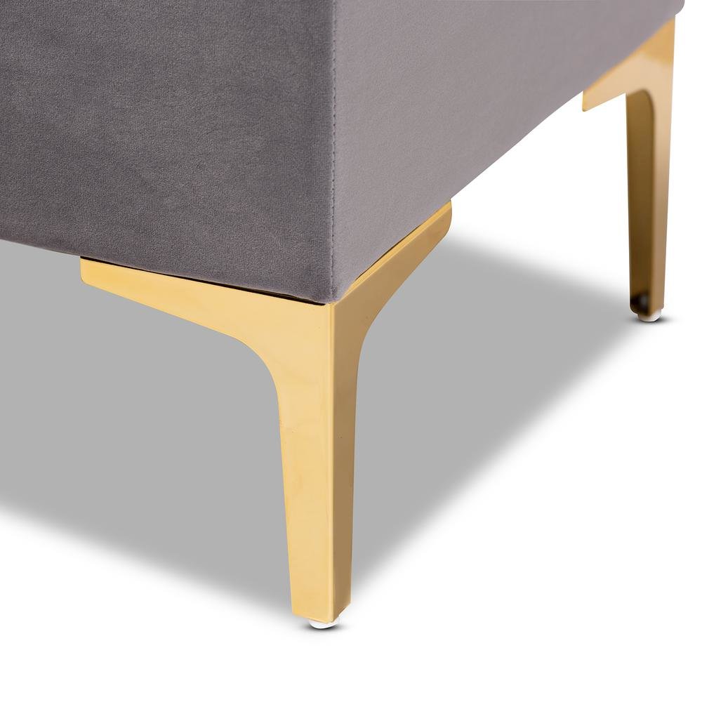 Luxe Grey Velvet Fabric Upholstered Gold Finished Button Tufted Storage Ottoman. Picture 18