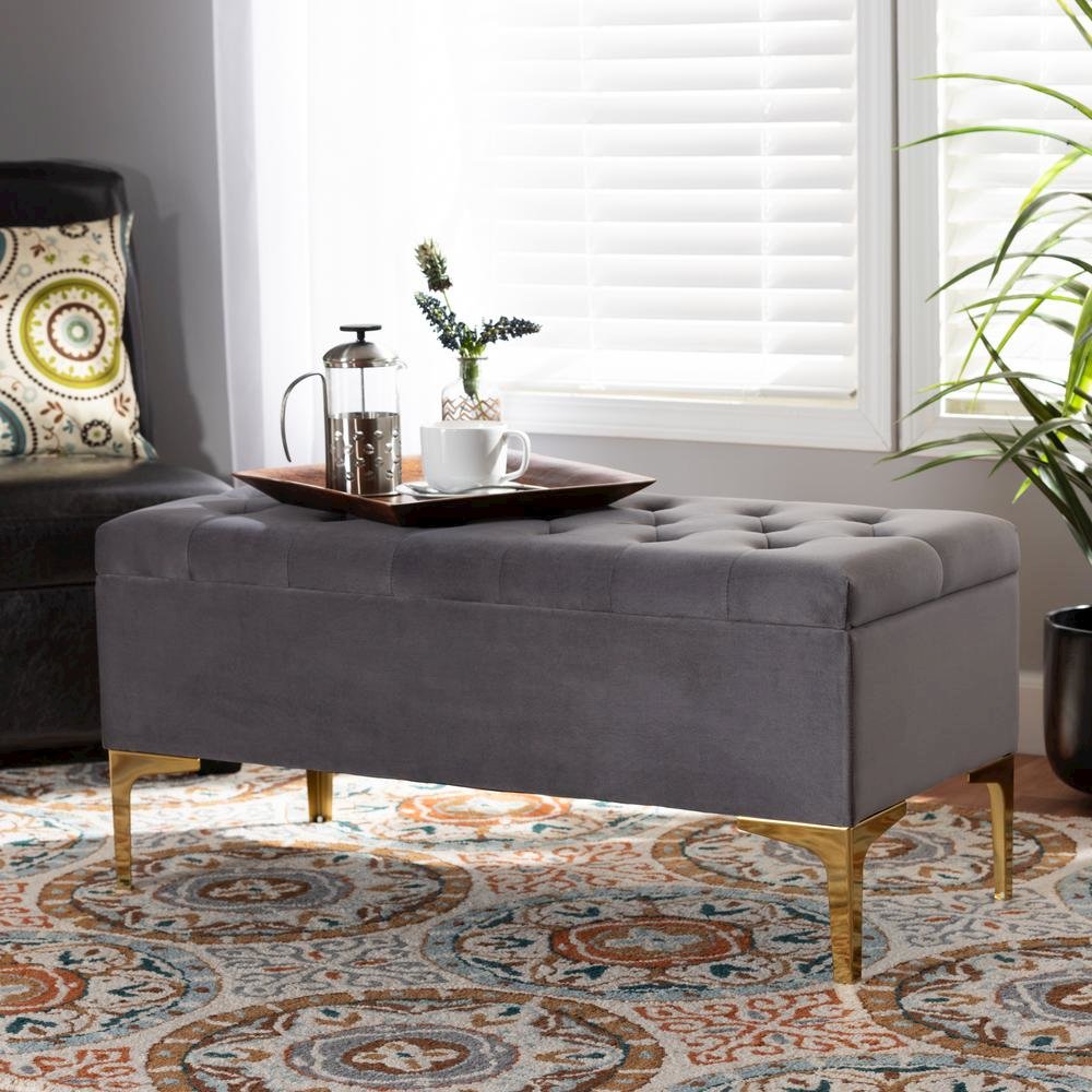 Luxe Grey Velvet Fabric Upholstered Gold Finished Button Tufted Storage Ottoman. Picture 19