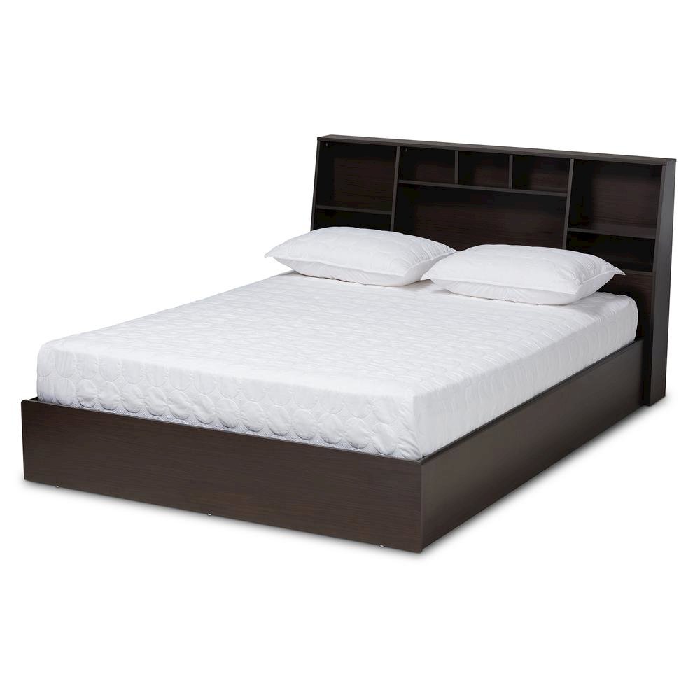 Dark Brown Finished Wood Queen Size Platform Storage Bed with Shelves. Picture 8