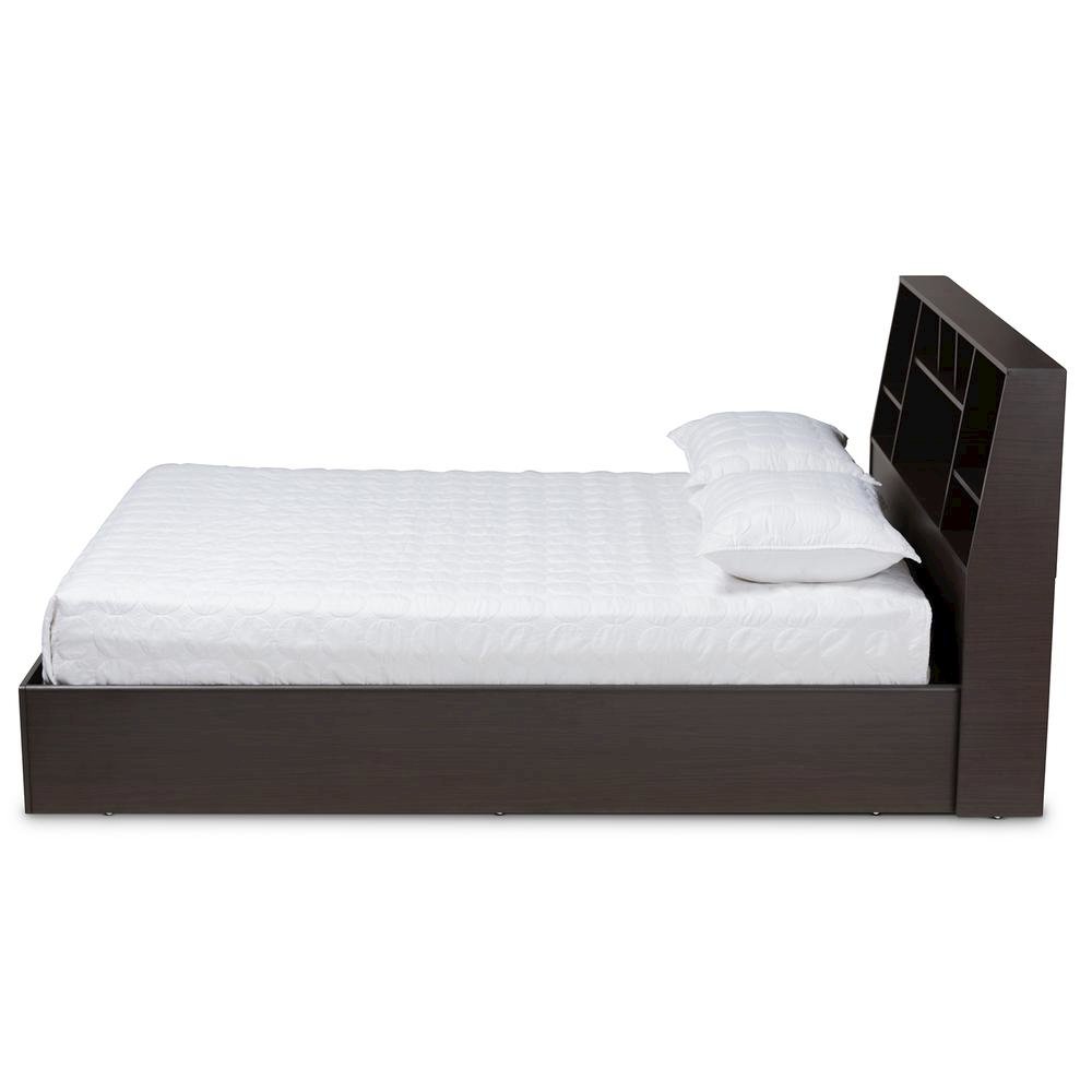 Dark Brown Finished Wood Queen Size Platform Storage Bed with Shelves. Picture 9