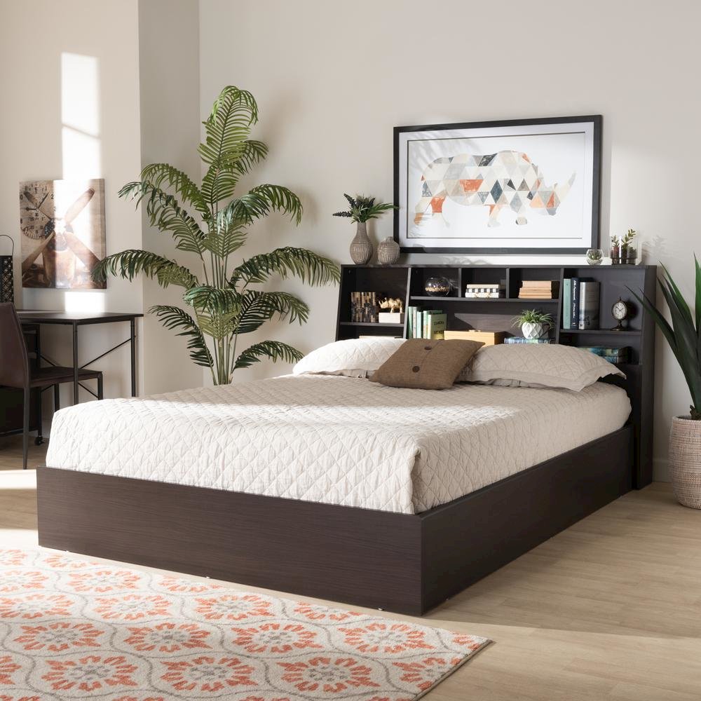 Dark Brown Finished Wood Queen Size Platform Storage Bed with Shelves. Picture 12