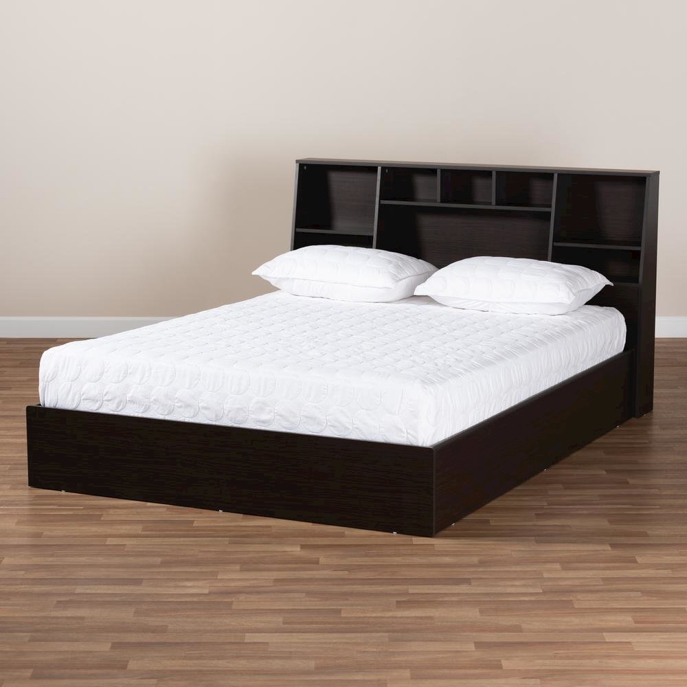 Dark Brown Finished Wood Queen Size Platform Storage Bed with Shelves. Picture 13