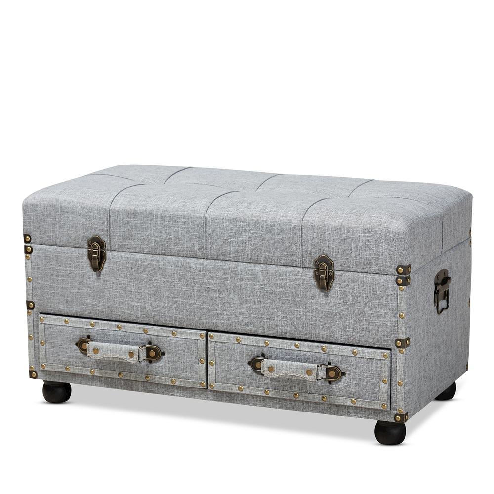 Flynn Modern Transitional Grey Fabric Upholstered 2-Drawer Storage Trunk Ottoman. Picture 13