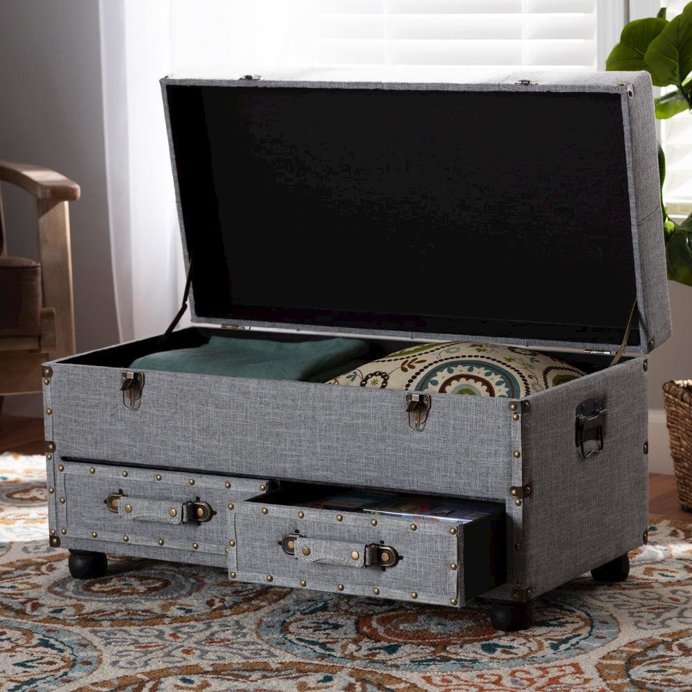 Flynn Modern Transitional Grey Fabric Upholstered 2-Drawer Storage Trunk Ottoman. Picture 22