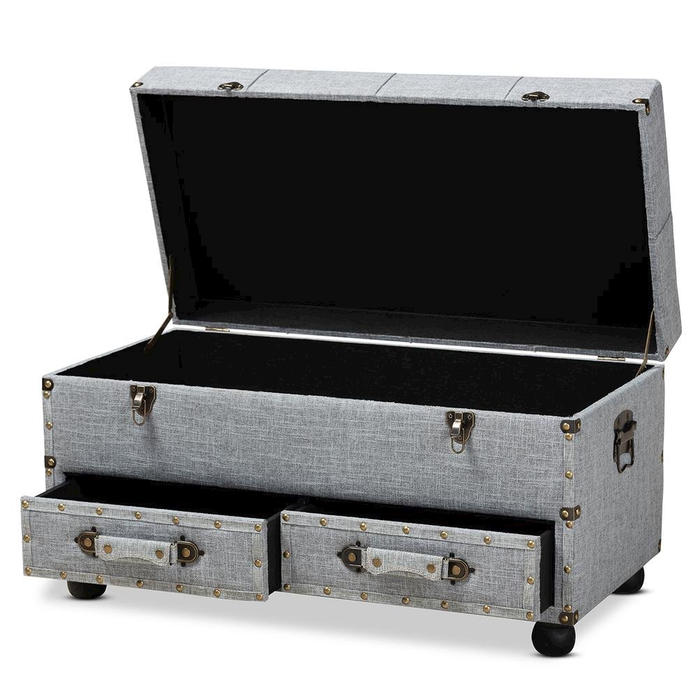 Flynn Modern Transitional Grey Fabric Upholstered 2-Drawer Storage Trunk Ottoman. Picture 14