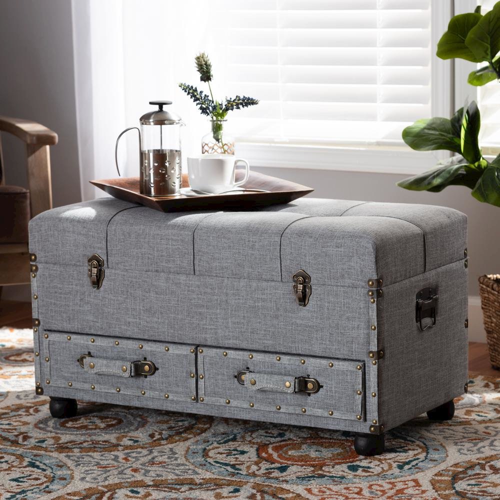 Flynn Modern Transitional Grey Fabric Upholstered 2-Drawer Storage Trunk Ottoman. Picture 21