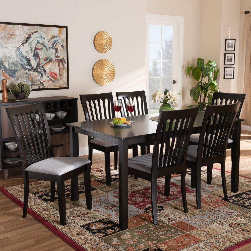 Gray Fabric Upholstered and Espresso Brown Finished Wood 7-Piece Dining Set. Picture 14