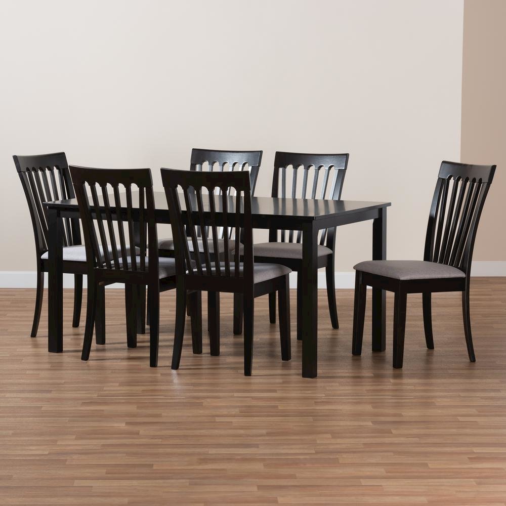 Gray Fabric Upholstered and Espresso Brown Finished Wood 7-Piece Dining Set. Picture 15