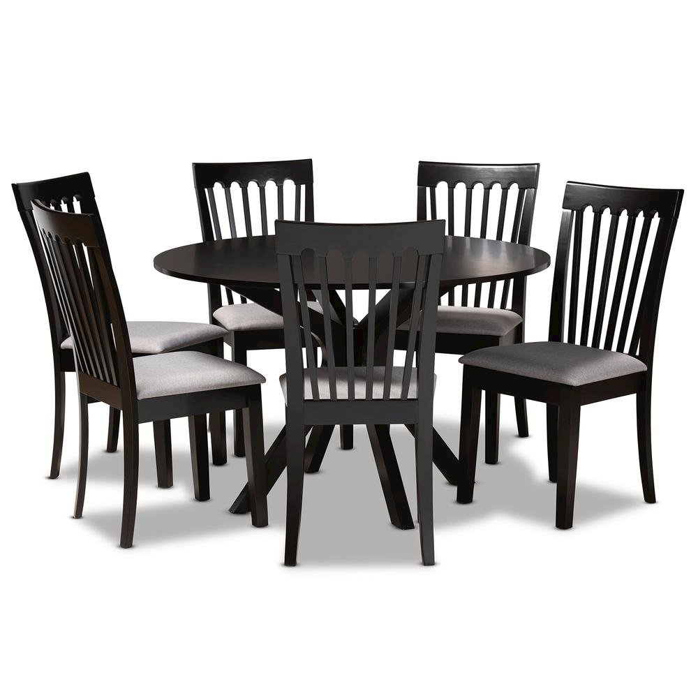 Grey Fabric Upholstered and Dark Brown Finished Wood 7-Piece Dining Set. Picture 10
