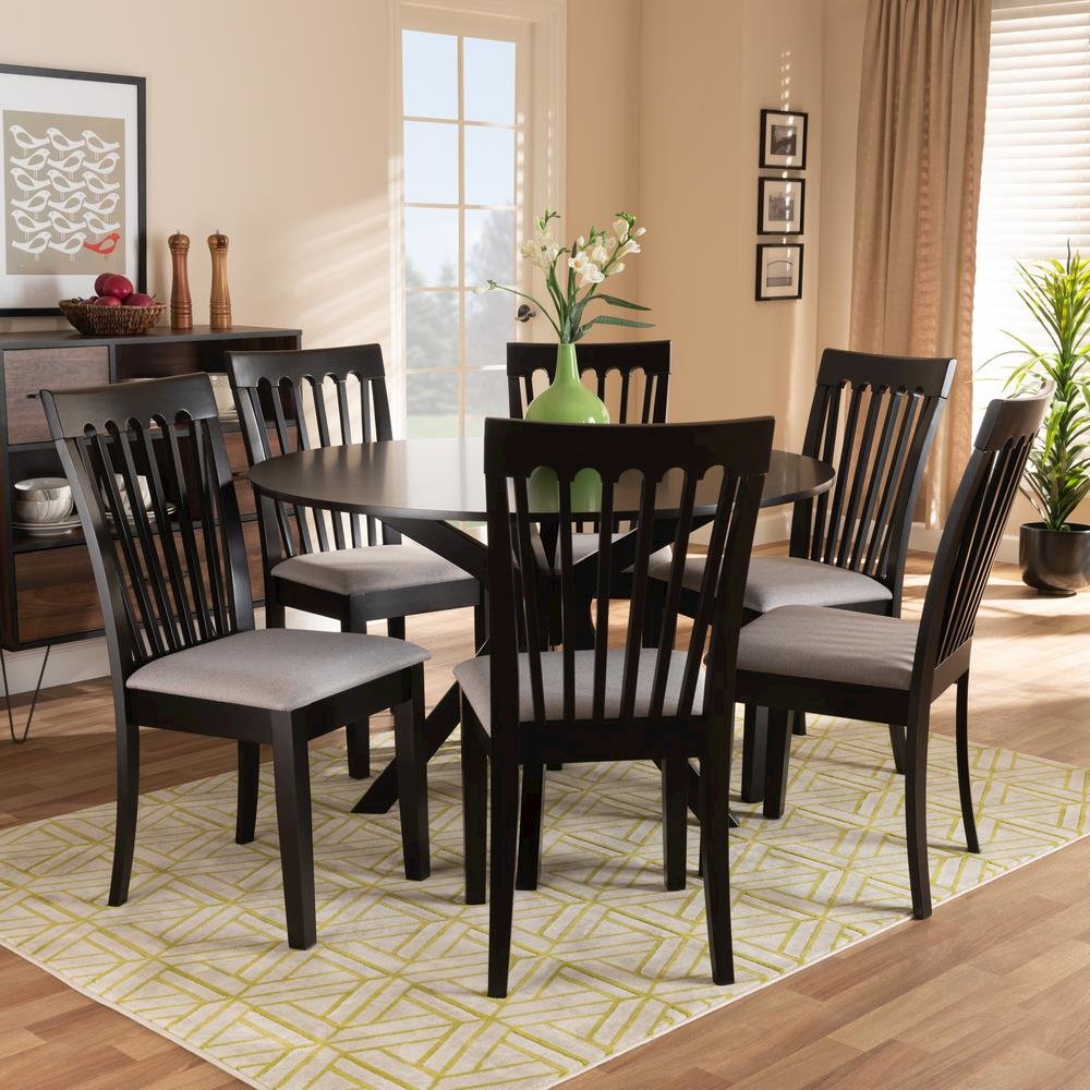 Grey Fabric Upholstered and Dark Brown Finished Wood 7-Piece Dining Set. Picture 16
