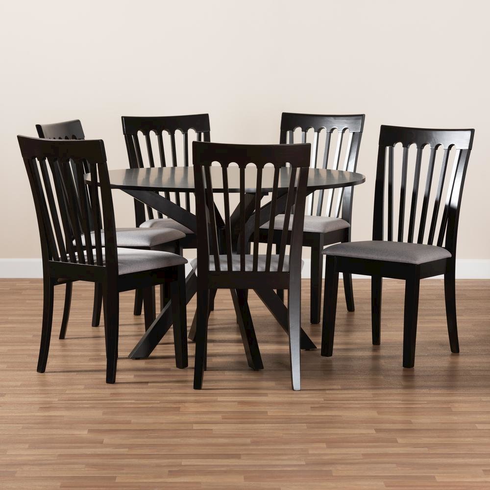 Grey Fabric Upholstered and Dark Brown Finished Wood 7-Piece Dining Set. Picture 17