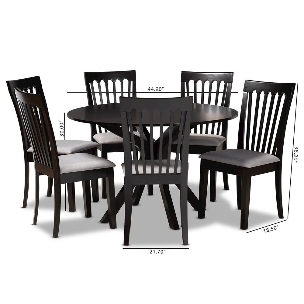 Grey Fabric Upholstered and Dark Brown Finished Wood 7-Piece Dining Set. Picture 18