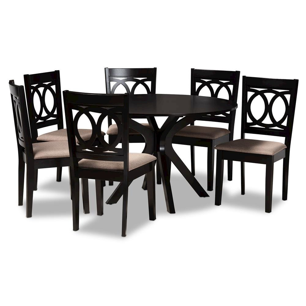 Sand Fabric Upholstered and Dark Brown Finished Wood 7-Piece Dining Set. Picture 9