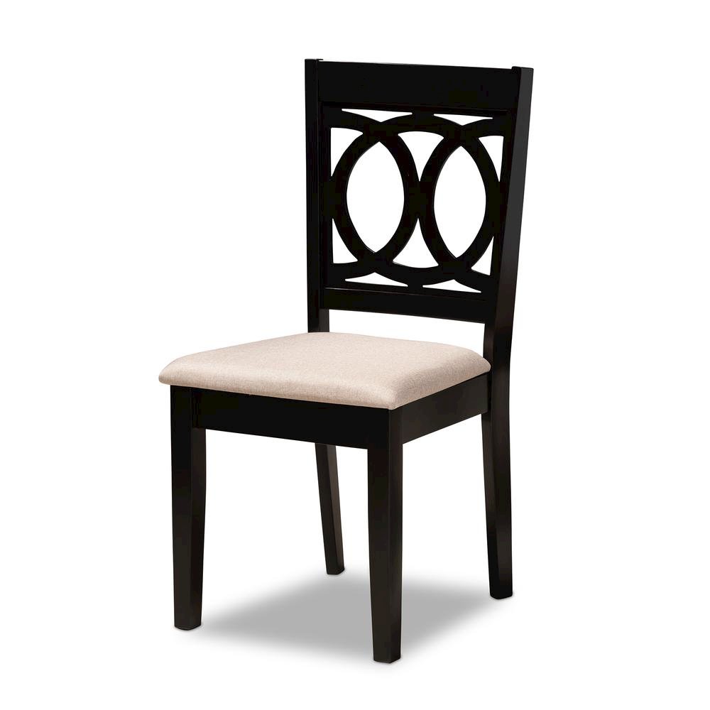Sand Fabric Upholstered and Dark Brown Finished Wood 7-Piece Dining Set. Picture 10