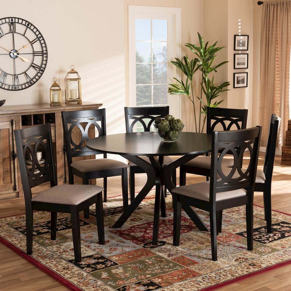 Sand Fabric Upholstered and Dark Brown Finished Wood 7-Piece Dining Set. Picture 14