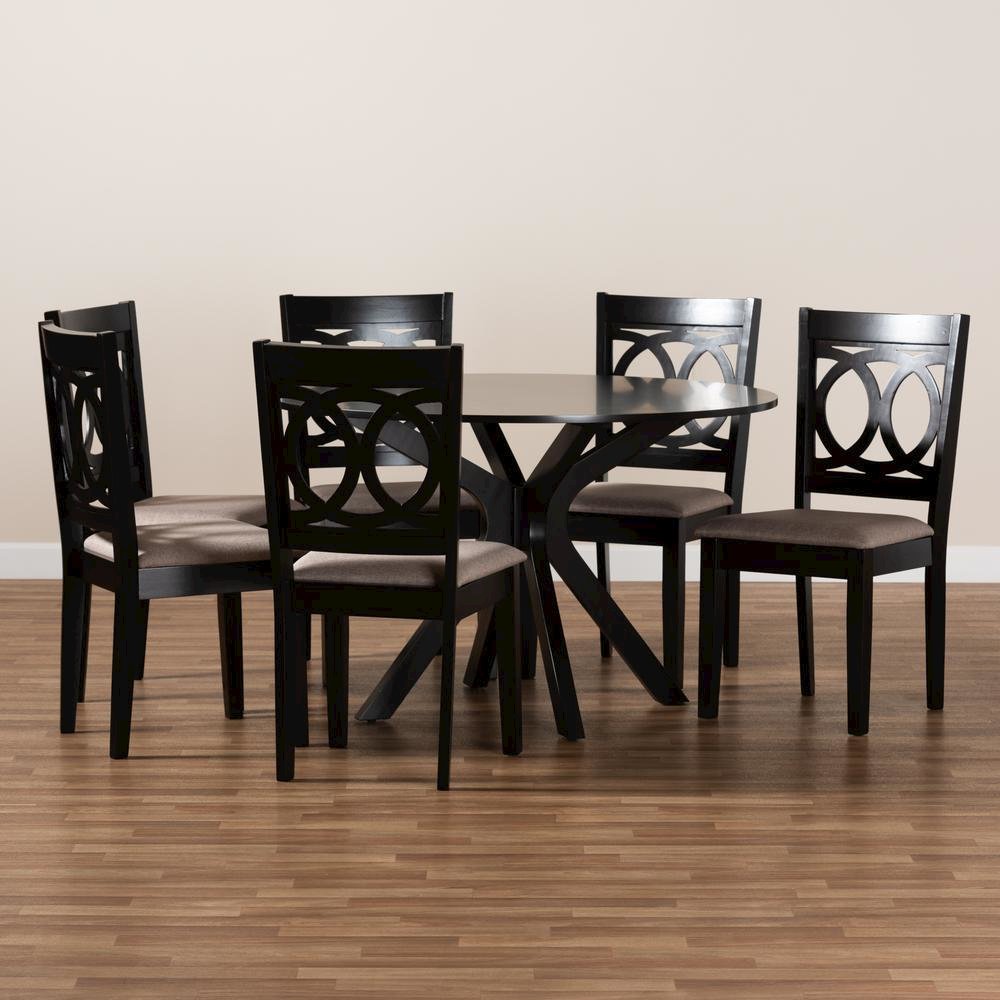Sand Fabric Upholstered and Dark Brown Finished Wood 7-Piece Dining Set. Picture 15