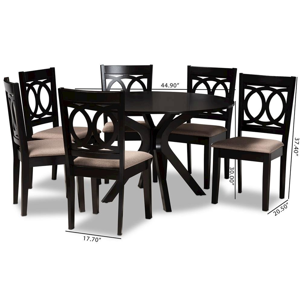 Sand Fabric Upholstered and Dark Brown Finished Wood 7-Piece Dining Set. Picture 16