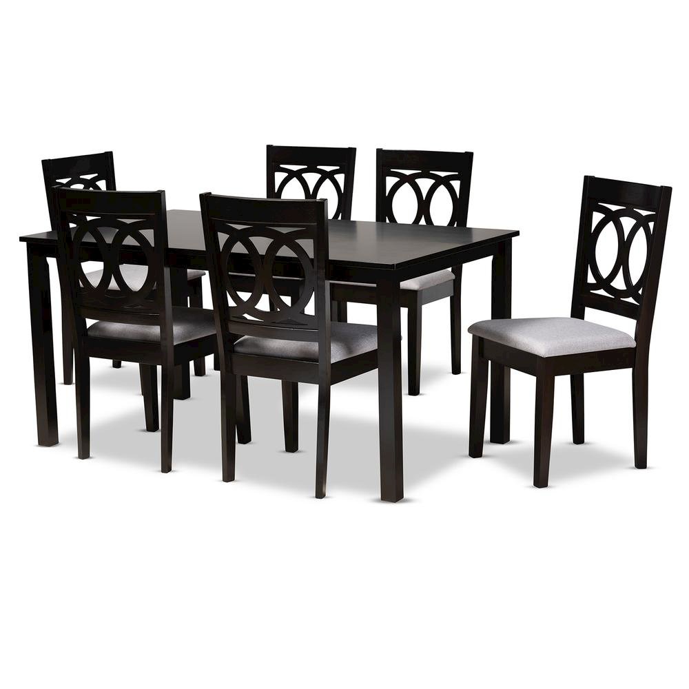 Grey Fabric Upholstered Espresso Brown Finished Wood 7-Piece Dining Set. Picture 8