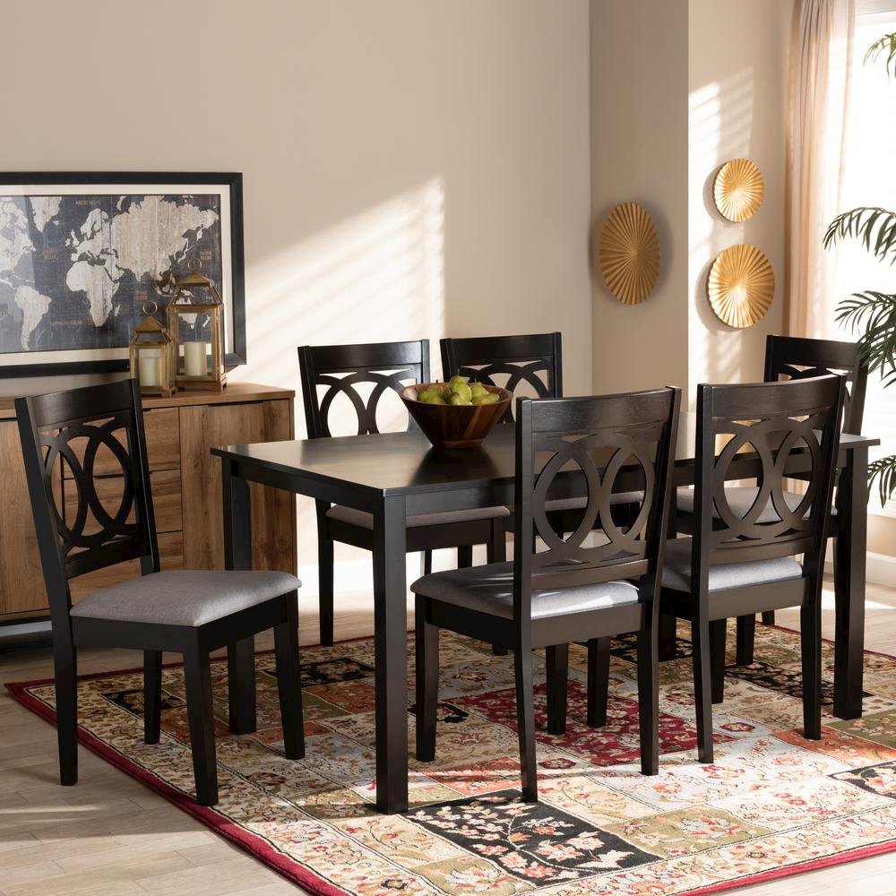 Grey Fabric Upholstered Espresso Brown Finished Wood 7-Piece Dining Set. Picture 12