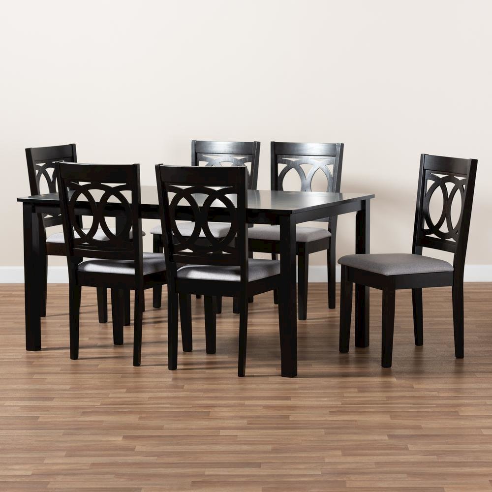 Grey Fabric Upholstered Espresso Brown Finished Wood 7-Piece Dining Set. Picture 13