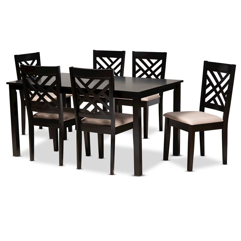 Sand Fabric Upholstered Espresso Brown Finished Wood 7-Piece Dining Set. Picture 8