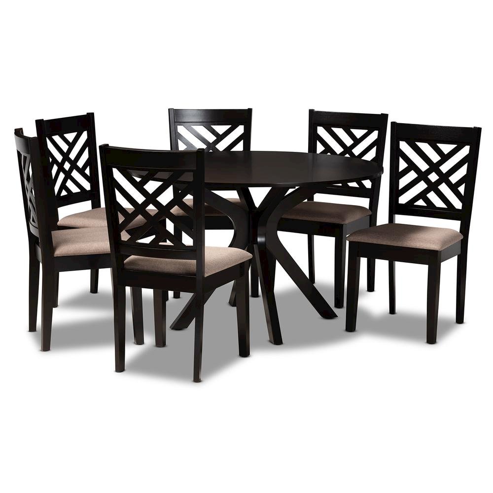 Sand Fabric Upholstered and Dark Brown Finished Wood 7-Piece Dining Set. Picture 9